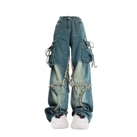 Vintage Style 90s Aesthetic High Waist Trashy Punk Kpop Harajuku Cargo Baggy Pants - Blue Denim