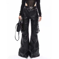 Punk Kpop Harajuku Cargo Pockets Gothic Punk Baggy Pants - Black Faux Leather