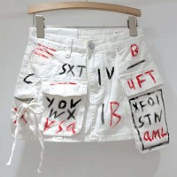 Punk Kpop Harajuku Y2k Multiple Pockets Graffiti Mini Skirts - White Denim