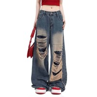 Hole Look Thin Trendy Punk Kpop Harajuku High Waist Loose Wide Leg Jeans Mopping Pants - Blue Denim