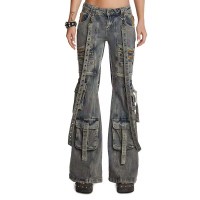 Punk Kpop Harajuku Cargo Pockets Bootcut Grunge Punk Trashy Pants - Blue Denim