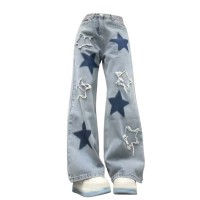 Punk Kpop Harajuku Star Decorated Punk Trashy Pants - Blue Denim