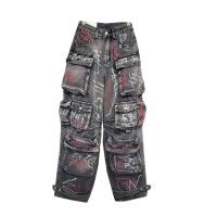 Punk Kpop Harajuku Y2k Streetwear High Waist Multiple Pockets Graffiti Cargo Pants - Gray Denim