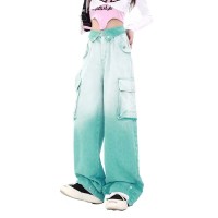 Punk Kpop Harajuku Y2k Multi Pocket Loose Parachute Oversize High Waist Baggy Pants - Pink Cotton
