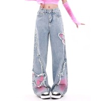 Punk Kpop Harajuku Cute Butterfly High Waist Wide Leg American Korean Style Baggy Pants - Blue Denim