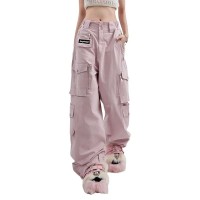 Punk Kpop Harajuku Y2k Multi Pocket Loose Parachute Oversize High Waist Baggy Pants - Pink Cotton