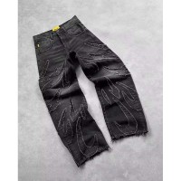 Punk Kpop Harajuku Y2k Flame embroidery loose high waisted Pants - Black Denim