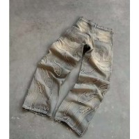 Punk Kpop Harajuku Y2k Flame embroidery loose high waisted Pants - Blue Denim