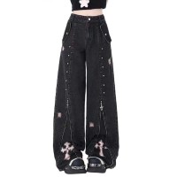 Punk Kpop Harajuku Cross Decorated 2000s Trashy Gothic Pants - Black Denim