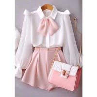 Summer Style Korean Kpop Kdrama Academy Style Top Paired with High Waist Shorts 2 pcs Set - Pink White Polyester Cotton