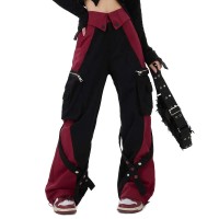 Punk Kpop Harajuku Y2k High Waist Pant Mechanical Style Wide Leg Cargo Pants - Black Red Cotton