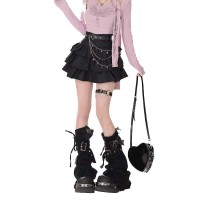 Gothic Cross Stitch Leg Warmers Bandage Raw Edge Black Belted Knee Long Socks - Black Denim