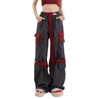Punk Kpop Hiphop Harajuku Y2k High Waist Color Block Overalls Casual Straight Leg Streetwear Pants - Gray Red Cotton