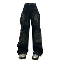 Punk Kpop Harajuku Y2k Vintage Baggy Cowboy Style Cargo Worker Pants - Blue Denim