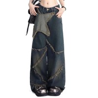 Trashy Punk Kpop Harajuku Cargo Patchwork Star Pants - Blue Denim