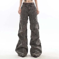 Vintage Style 90s Aesthetic Tassel Punk Kpop Harajuku Bootcut Pants - Gray Denim