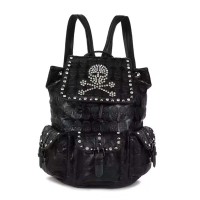 Vintage Skull Rivets Decorated Gothic Kdrama Kpop Style Backpack Bag - Black Faux Leather