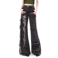 BLACK Worn Out Wide Leg Solid Straight Kpop Harajuku Cargo Pockets Gothic Punk Baggy Pants - Black Denim