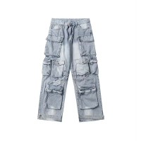 Vintage Style 90s Aesthetic Trashy Punk Kpop Harajuku Cargo Baggy Pants - Blue Denim