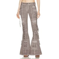 Punk Kpop Harajuku Y2k Solid Hollow Out High Waist Spliced Pocket Streetwear Wide Leg Cargo Pants - Khaki Denim