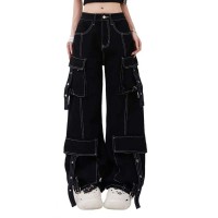 Punk Kpop Harajuku Y2k Multi Pocket Cargo Pants - Black Denim
