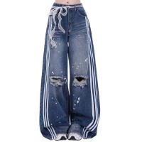Trendy Punk Kpop Harajuku High Waist Loose Wide Leg Vintage Streetwear Pants - Blue Denim