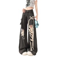 Punk Kpop Harajuku Y2k Solid High Waist Loose Fit Wide Leg Baggy Tie Straps Pants - Black Denim