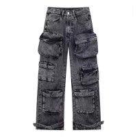Punk Kpop Harajuku Streetwear Multiple Casual Fashion Pockets Baggy Gothic Workwear Pants - Black Denim