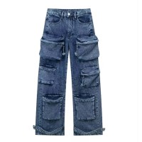 Punk Kpop Harajuku Streetwear Multiple Casual Fashion Pockets Baggy Gothic Workwear Pants - Blue Denim
