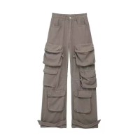 Punk Kpop Harajuku Streetwear Multiple Casual Fashion Pockets Baggy Gothic Workwear Pants - Tan Cotton