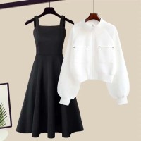 Spring Autumn Style Korean Kpop Kdrama Top Jacket with Dress 2 pcs Set - White Black Polyester Cotton