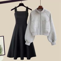 Spring Autumn Style Korean Kpop Kdrama Top Jacket with Dress 2 pcs Set - Gray Black Polyester Cotton