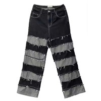 Punk Kpop Harajuku Y2k Hiphop Streetwear American Style Sleeve Gradient Patchwork Ripped Pants - Black Gray Denim