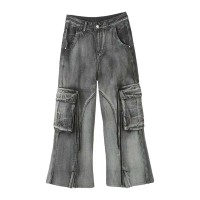 Punk Kpop Harajuku Y2k Solid High Waist Loose Fit Wide Leg Baggy Cargo Pants - Black Denim