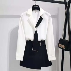Korean Elite College Office Business Style Kdrama Kpop Elegant Blouse Midi Skirt Two Piece Set - White Black Polyester Cotton