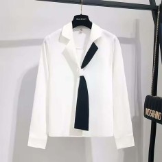 Korean Elite College Office Business Style Kdrama Kpop Elegant Blouse  - White Polyester Cotton