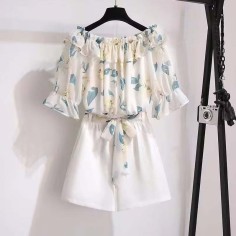 Spring Summer Style Korean Kpop Kdrama Flower Printed Tops Short Sleeve Blouse Shirt with Short 2 pcs Set - White Beige Polyester Cotton