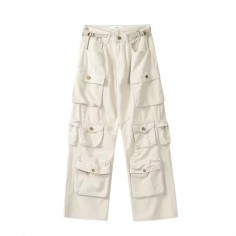 Punk Kpop Harajuku Y2k Streetwear High Waist Multiple Pockets Cargo Loose Casual Slacks Skater Hiphop Pants - Beige Cotton