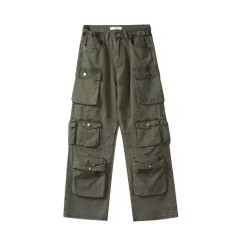 Punk Kpop Harajuku Y2k Streetwear High Waist Multiple Pockets Cargo Loose Casual Slacks Skater Hiphop Pants - Army Green Cotton