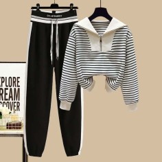 Autumn Winter Style Korean Kpop Kdrama Tracksuit Striped Zip Sweater Blouse + High Waist Casual Pants 2 pcs Set - Black White Polyester Cotton