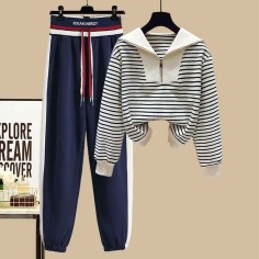 Autumn Winter Style Korean Kpop Kdrama Tracksuit Striped Zip Sweater Blouse + High Waist Casual Pants 2 pcs Set - Blue White Polyester Cotton