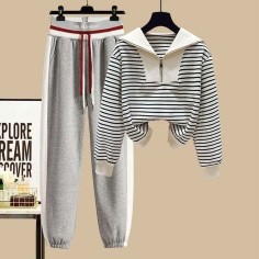 Autumn Winter Style Korean Kpop Kdrama Tracksuit Striped Zip Sweater Blouse + High Waist Casual Pants 2 pcs Set - Gray White Polyester Cotton