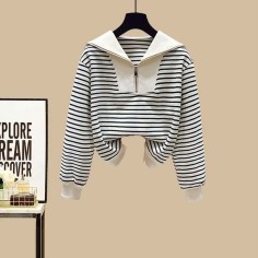 Autumn Winter Style Korean Kpop Kdrama Striped Zip Sweater Blouse Top - White Polyester Cotton