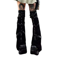 Punk Style Metal Buckle y2k High Knee Legging Leg Warmer - Black Polyester