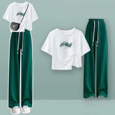 Summer Style Korean Kpop Kdrama Cotton Short Sleeve T-shirt Wide Leg Pants 2 pieces Set  - Green White Cotton