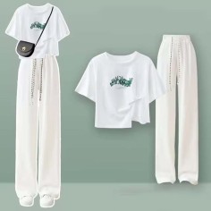 Summer Style Korean Kpop Kdrama Cotton Short Sleeve T-shirt Wide Leg Pants 2 pieces Set  - White Cotton
