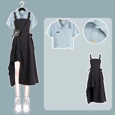 Short Top Shirt with Irregular Strap Skirt Two Pieces Chic Set - Blue Black Polyester Cotton