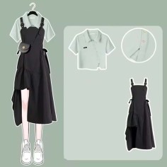 Short Top Shirt with Irregular Strap Skirt Two Pieces Chic Set - Green Black Polyester Cotton