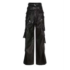 Punk Kpop Harajuku Y2k Solid High Waist Multi Pocket Loose Fit Gothic Style Streetwear Cargo Pants - Black Faux Leather