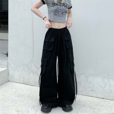 Y2K Baggy Harajuku Trendy Casual Street Hip-hop High Waist Wide Leg Pants - Black Fabric